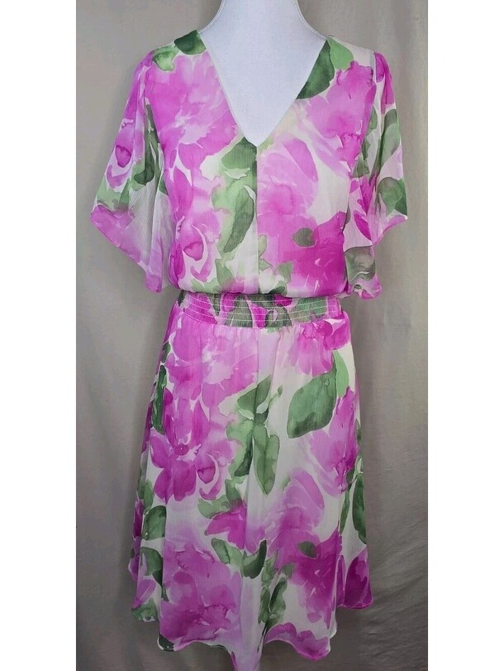 DKNY Women's Chiffon Watercolor Floral V Flutter Sleeve Dress Size 4 New $129